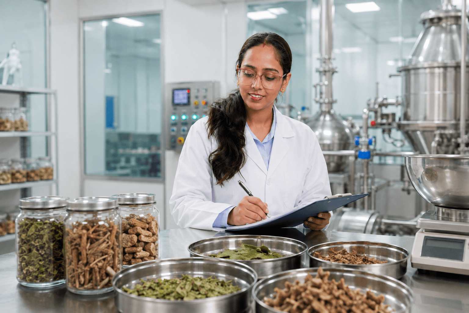 Ayurvedic and herbal quality documentation workplace.